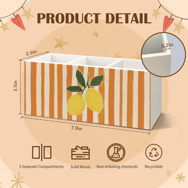 KBRCT Vintage Yellow Lemon Wooden Utensils Holder, Lemon Kitchen Decor, Farmhouse Fruit Orange Striped Wood Cooking Utensil Holder Organizer for Kitchen Countertop Counter Decor - Image 3